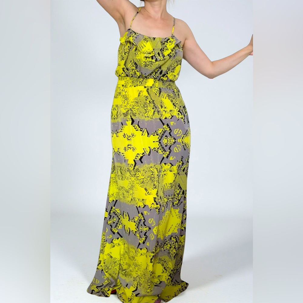 Jay Godfrey Yellow Grey Snakeprint Strappy Maxi Dress Stretch Shirred Waist Sz 6